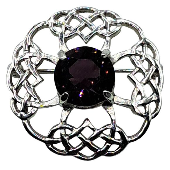 Vintage Celtic Knot Brooch Purple Glass Rhinestone Scottish Art Pewter Pin - Picture 2 of 9